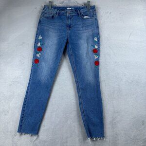Old Navy Rockstar Super Skinny Jeans Embroidered Flowers Raw Hem Blue Womens 12